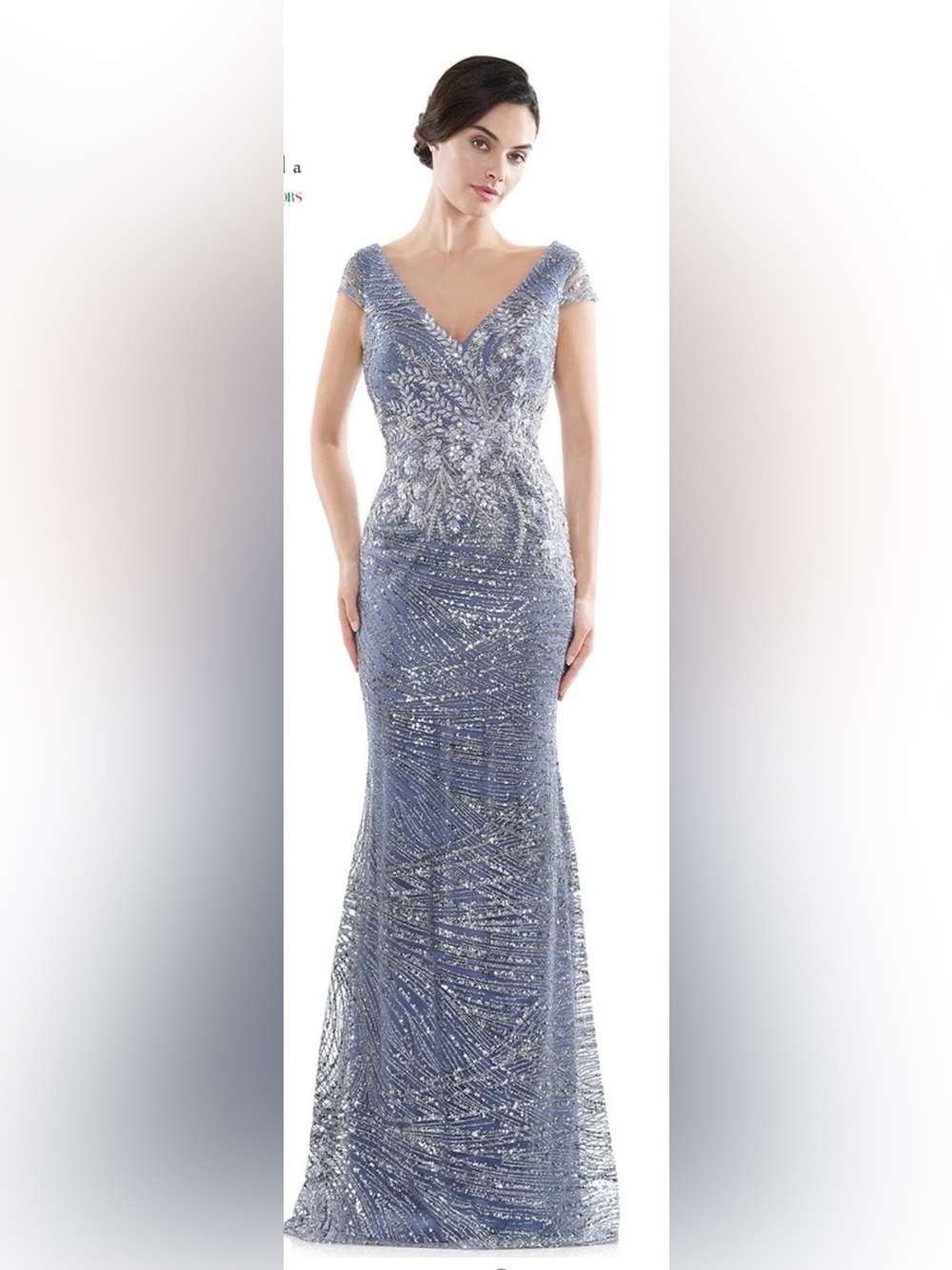 Rina diMontella RD2723 - French Blue Beaded V-Neck Evening Gown